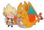  1boy belt blonde_hair blue_eyes bright_pupils brown_belt charizard chibi chibi_only claws closed_mouth commentary crossover dragon_ball dragon_ball_(object) dragon_radar english_commentary fire flame-tipped_tail green_eyes green_pants holding holding_dragon_ball jacket male_focus nostrils open_mouth orange_jacket pants pokemon pokemon_(creature) simple_background smile son_goku spiked_hair super_saiyan super_saiyan_1 tail twitter_username white_background white_pupils windylie 
