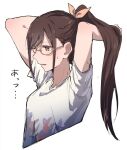  1girl arms_behind_head bare_arms bespectacled bloom_festival_(project_sekai) bow breasts brown_eyes brown_hair commentary_request cropped_torso from_side glasses hair_bow hair_lift high_ponytail kamo_(kraw3887) looking_ahead medium_breasts official_alternate_costume official_alternate_hair_length official_alternate_hairstyle orange_bow parted_lips ponytail project_sekai shinonome_ena shirt short_sleeves sidelocks simple_background solo stretching sweat swept_bangs translation_request white_background white_shirt 