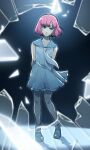  1boy arms_behind_back blue_serafuku blue_shoes bob_cut broken_glass catherine:_full_body catherine_(game) crossdressing crossdressing_(mtf) dress frilled_dress frills full_body glass glass_shards green_eyes highres hoshi_(star-name2000) looking_at_viewer male_focus necktie pink_hair rin_(catherine) school_uniform serafuku shoes short_hair smile socks solo white_necktie white_socks 