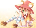  1girl bloomers blue_thighhighs boots brown_boots brown_hair emil_chronicle_online frilled_sleeves frills green_eyes hat looking_at_viewer mochizuki_usagi one_eye_closed orange_shirt puzzle_&amp;_dragons red_ribbon ribbon shirt sitting striped_clothes striped_thighhighs thighhighs tiny_alma witch_hat 