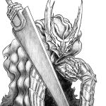2025 5_fingers absurd_res alillust ambiguous_gender armor berserk_(series) biped cloak clothing fingers headgear helmet hi_res holding_melee_weapon holding_object holding_weapon hollow_knight hollow_knight_(character) melee_weapon solo team_cherry vessel_(species) weapon
