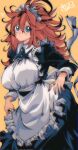  1girl alternate_costume android_21 apron black_dress blue_eyes bow breasts dragon_ball dragon_ball_fighterz dragon_ball_z dress enmaided frilled_apron frilled_dress frills highres kinakomochi_(user_vedc2333) large_breasts long_hair looking_at_viewer maid maid_apron maid_headdress puffy_sleeves ribbon simple_background solo waist_apron white_apron wrist_cuffs yellow_background 