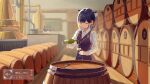 1girl alcohol barrel black_hair bottle closed_eyes closed_mouth collared_shirt cup drinking_glass highres holding holding_bottle hololive hololive_english ika--1024 indoors long_sleeves multicolored_hair ninomae_ina&#039;nis orange_hair pointy_ears pouring purple_vest shirt solo tentacle_hair vest virtual_youtuber white_shirt wine_glass 