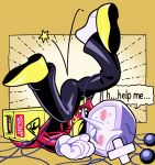 1boy ant_tenna belt_buckle black_pants blush buckle cable crt deltarune english_text fallen_down gloves highres legs_up lying male_focus necktie object_head on_back pants pointy_nose shoes solo star_(symbol) sweat tailcoat vn35214 wet_floor_sign white_gloves yellow_necktie yellow_shoes 