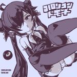  1girl :o ahoge backbeako_(torotei) backbeard blue_background blue_theme blush breasts dated dated_commentary dress dutch_angle elbow_gloves feet_out_of_frame gegege_no_kitarou gloves hair_over_one_eye hair_ribbon kono_lolicon_domome long_hair looking_at_viewer monochrome neckerchief one_eye_closed open_mouth original paid_reward_available panties pantyshot petite pointy_ears ribbon simple_background sitting skindentation sleeveless small_breasts solo sweatdrop thighhighs torotei twintails underwear web_address 
