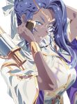  1girl blue_eyes blue_eyeshadow blue_hair circlet eyeshadow fire_emblem fire_emblem_heroes gold_circlet heimdallr_(fire_emblem) highres holding holding_megaphone makeup megaphone office_lady tsujii_luki 
