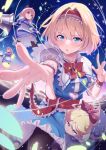  1girl absurdres alice_margatroid black_pantyhose blonde_hair blue_background blue_dress blue_eyes bow commentary doll dress glowing glowing_petals hair_ribbon hairband highres holding holding_weapon light_blush long_hair noshiro_tomoya outstretched_hand pantyhose petals red_bow red_hairband red_ribbon ribbon shanghai_doll touhou weapon 
