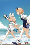  2girls :d absurdres ahoge animal_ear_fluff arm_up bare_arms beach bikini bikini_under_clothes black_hair blonde_hair blue_bikini blue_bow blue_hair blue_overalls blue_sailor_collar blue_shoes blue_sky blunt_bangs bow bucket closed_eyes cloud collared_shirt commentary day dooby_(vtuber) dress english_commentary fins fish_girl fish_tail frilled_shirt_collar frills green_eyes hair_bow hands_in_pockets highres holding holding_bucket indie_virtual_youtuber kaniki_(sameko_saba) lifebuoy_hair_ornament low_twintails mouse_girl mouse_tail multicolored_hair multiple_girls ocean one_side_up open_mouth outdoors outstretched_arms overalls partially_unbuttoned puffy_short_sleeves puffy_sleeves sailor_collar sailor_dress sameko_saba sandals seashell shell shirt shoes short_hair short_shorts short_sleeves shorts sky skytofu sleeveless sleeveless_dress smile socks streaked_hair striped_bikini striped_clothes swimsuit tail twintails virtual_youtuber walking white_dress white_hair white_shirt white_shorts white_socks 