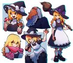  1girl apron black_hat black_shoes black_skirt black_vest blonde_hair bow braid broom capelet closed_mouth hat hat_bow holding holding_broom iganashi1 index_finger_raised kirisame_marisa long_sleeves looking_at_viewer multiple_views mushroom purple_capelet red_scarf scarf shoes short_sleeves side_braid single_braid skirt smile standing touhou vest white_apron witch_hat yellow_eyes 