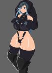  1girl absurdres beyond_citadel black_boots black_gloves black_leggings black_sports_bra blue_eyes blue_hair boots breasts chole_(the_citadel) gloves grey_background hands_on_own_chest hat highres jackanime8 large_breasts leggings long_hair navel nun revealing_clothes simple_background solo sports_bra the_citadel zettai_ryouiki 