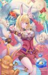  absurdres agni_(ragnarok_online) animal_ears aqua_(ragnarok_online) belt blonde_hair blue_brooch blue_eyes breasts brown_shorts cleavage collar commentary_request commission detached_collar dress elemental_(creature) elemental_master_(ragnarok_online) fire fur-trimmed_dress fur_trim gem high_heels highres large_breasts nekogenetic off-shoulder_dress off_shoulder one_eye_closed pelvic_curtain pink_dress purple_belt purple_gemstone rabbit rabbit_ears ragnarok_online shoes shorts shorts_under_dress skeb_commission socks standing standing_on_one_leg tera_(ragnarok_online) ventus_(ragnarok_online) water white_collar white_socks yellow_shoes 