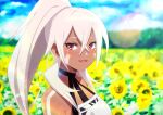  1girl azur_lane bare_shoulders blurry blurry_background breasts dark-skinned_female dark_skin facial_mark field flower flower_field from_side hair_between_eyes high_ponytail long_hair looking_at_viewer medium_breasts minneapolis_(azur_lane) murasaki_tsutsuji open_mouth ponytail smile solo sunflower sunflower_field upper_body white_hair 