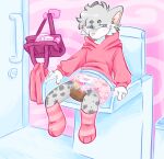 2023 abuniverse ageplay anthro blue_eyes blush bunnyhopps bunnyhopps_(diaper) changing_table clean_diaper clothed clothing detailed_background diaper diaper_bag diaper_change domestic_cat embarrassed felid feline felis folded_diaper footwear fur grey_body grey_fur hoodie jordan_(chronokitten) male mammal raindristashka roleplay sitting socks soiled_diaper solo topwear unclean_diaper used_diaper wearing_diaper white_body white_fur