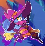 2022 absurd_res anthro belt big_hat blue_body blue_fur blue_hair blue_tail blue_tail_tip boots broom button_(fastener) canid canine cleaning_tool clothed clothed_anthro clothed_female clothing cloudidoodles digital_drawing_(artwork) digital_media_(artwork) dipstick_tail eyelashes female female_anthro flying_broom footwear fox full-length_portrait fur gloves hair handwear hat headgear headwear hi_res jack-o&#039;-lantern legwear magic_user mammal markings pattern_clothing pattern_legwear portrait purple_clothing purple_hat purple_headwear purple_topwear red_eyes roxanne_oxley shoes solo striped_clothing striped_legwear stripes tail tail_markings thick_thighs topwear white_body white_fur witch witch_costume witch_hat yellow_sclera