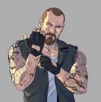  1boy arm_tattoo arms_up bare_shoulders beard black_gloves black_vest brown_eyes brown_hair collarbone crew_neck facial_hair fingerless_gloves francis_(left_4_dead) glove_cutout gloves grey_background lapels left_4_dead left_4_dead_1 looking_to_the_side male_focus multiple_tattoos neck_tattoo notched_lapels shirt short_hair sideways_glance simple_background sleeveless solo tattoo tattoo_sleeve utmbug very_short_hair vest white_shirt 