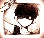  1boy angry antenna_hair arm_up closed_mouth collarbone greyscale highres holding holding_knife knife looking_at_viewer male_focus monochrome nicome_02 omori omori_(omori) shaded_face short_hair solo tank_top upper_body 