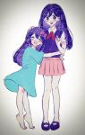  2girls aubrey_(headspace)_(omori) aubrey_(omori) barefoot blue_shirt blush bow bright_pupils closed_eyes collared_shirt colored_skin hair_bow highres hug long_hair long_shirt looking_at_another mari_(headspace)_(omori) mari_(omori) mkn364 multiple_girls neckerchief omori open_mouth pink_bow pleated_skirt purple_eyes purple_hair purple_shoes purple_sweater_vest red_neckerchief red_skirt shirt shoes short_sleeves simple_background skirt smile sweater_vest t-shirt upper_body white_background white_pupils white_shirt white_skin 