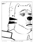 2024 absurd_res anthro avian beak bird black_and_white black_beak black_nose bodily_fluids border canid canine canis clothing collared_shirt comic domestic_dog duo eyebrows facial_scar floating_heart heart_symbol hi_res looking_away maccaw_(sharkinthepark) macleish_(sharkinthepark) male mammal markings monochrome nibbling owl sad scar sharkinthepark shirt simple_background sound_effects tears thick_eyebrows topwear whisker_markings white_background
