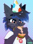 anthro birthday burger clothing domestic_cat eating felid feline felis flightov food hat headgear headwear hi_res male mammal party_hat shirt simple_background solo solo_focus t-shirt topwear