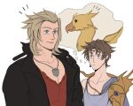  2boys armor bartz_klauser blonde_hair blue_eyes brown_hair cape chocobo circlet earrings english_commentary final_fantasy final_fantasy_v final_fantasy_xiii in-franchise_crossover jacket jewelry male_focus multiakimo multiple_boys shirt short_hair smile snow_villiers thinking v-neck 