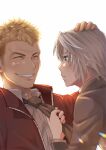  2boys aquaetventus blonde_hair closed_eyes facial_hair final_fantasy final_fantasy_vii final_fantasy_vii_ever_crisis glenn_lodbrok grey_hair grin hand_on_another&#039;s_head headpat highres jacket looking_at_another male_focus multiple_boys necktie red_jacket sephiroth sephiroth_(ever_crisis) short_hair smile white_background 