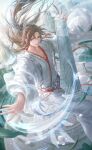  1boy artist_request blue_ribbon blue_sky brown_hair chinese_clothes cloud-water_visitor_(shining_nikki) day expressionless feet_out_of_frame floating_clothes floating_hair game_cg grass grey_eyes guqin hair_between_eyes hair_bun hair_ribbon hanfu highres instrument leaf light_particles long_hair long_sleeves looking_at_viewer male_focus marking_on_cheek mountain music nikki_(series) no_headwear official_art outdoors parted_bangs parted_lips playing_instrument qin_yi red_ribbon ribbon robe shining_nikki single_hair_bun sky solo standing teeth very_long_hair waist_ribbon white_hanfu white_robe wide_sleeves wind 