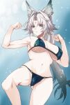  1girl animal_ears ass_visible_through_thighs bikini breasts commentary_request earrings english_commentary feixiao_(honkai:_star_rail) flexing fox_ears fox_girl gradient_background green_bikini green_eyes grey_hair highres honkai:_star_rail honkai_(series) jewelry large_breasts long_hair mixed-language_commentary multicolored_hair muscular muscular_female navel saint_laurent_paris solo stomach swimsuit thighs two-tone_hair underboob very_long_hair 