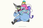 3_toes 4_fingers adventure_time anthro bandit_princess black_hair blue_body bow_tie carrying_another cartoon_network clothed clothing digit_ring dress duo engagement_ring_princess feet female fingers frown green_eyes hair hi_res horn horned_humanoid humanoid jewelry multicolored_horn open_mouth open_smile pink_hair pointy_ears pupils ring robe running simple_eyes slit_pupils smile teeth thesummerwitch toes tongue unknown_species wedding_ring white_body