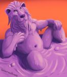 anthro bubble clay clay_creature felid goo_creature hand_on_chest hand_on_leg hand_on_thigh hi_res leaning leaning_backward lion male mammal mane melting mud mud_bath musclegut muscular muscular_male pantherine purple_body purple_eyes simple_background sitting smug_grin solo spread_legs spreading tail wontonrhino