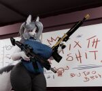 2025 3d_(artwork) absurd_res aged_up anthro bad_trigger_discipline big_breasts blue_clothing blue_sweater blue_topwear bottomwear breasts bullpup canid canid_demon canine clothed clothed_anthro clothed_female clothing demon digital_media_(artwork) dry_erase_board dual_wielding ear_piercing ear_ring female fur gem grey_body grey_fur grey_hair gun hair hellhound helluva_boss hi_res holding_gun holding_object holding_ranged_weapon holding_rifle holding_weapon hoop_ear_ring inner_ear_fluff inside jewelry loona_(helluva_boss) mammal mature_anthro mature_female multicolored_body multicolored_fur mythological_canine mythological_creature mythology necklace nikto_ghost pants pearl_(gem) pearl_necklace piercing ranged_weapon red_sclera rifle ring_piercing solo standing sweater tail thick_thighs topwear tuft two_tone_body two_tone_fur weapon white_body white_eyes white_fur whiteboard wide_hips