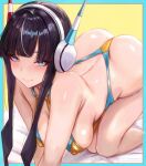  1girl all_fours artist_name ass black_hair blue_border border breasts closed_mouth commentary covered_nipples elesa_(pokemon) large_breasts leonmandala long_hair looking_at_viewer median_furrow outside_border pokemon pokemon_bw2 slingshot_swimsuit smile solo swimsuit watermark 