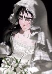  1girl alien_stage black_background black_hair bouquet bridal_veil bride commentary dress english_commentary flower grey_eyes highres holding holding_bouquet lace-trimmed_dress lace-trimmed_veil lace_trim long_hair solo sua_(alien_stage) uchiha_i_arts upper_body veil wedding_dress white_dress white_flower white_veil 