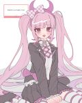  1girl blush bow danganronpa_(series) danganronpa_another_episode:_ultra_despair_girls fake_horns hair_bow hairband highres horn_hairband horns jacket long_hair long_sleeves looking_at_viewer open_clothes open_mouth pink_eyes pink_hair pink_hairband pink_horns polka_dot polka_dot_bow pote_(pote_39) shirt skirt smile solo tears translation_request twintails utsugi_kotoko 