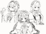  3girls :o ange_katrina animal_ears animal_hair_ornament ayuko_ammobium beret blush braid closed_mouth commentary_request crown_hat_ornament dog_ears dot_nose flower gloves greyscale hair_between_eyes hair_flower hair_intakes hair_ornament hair_ribbon half_gloves hat highres inui_toko lapels lize_helesta long_hair long_sidelocks looking_at_viewer low_twin_braids monochrome multiple_girls neck_ribbon nijisanji open_mouth ribbon sanbaka_(nijisanji) short_hair short_sleeves sidelocks single_hair_intake single_sidelock single_wrist_cuff smile star_(symbol) twin_braids virtual_youtuber wrist_cuffs wrist_ribbon 
