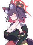  absurdres alternate_hair_length alternate_hairstyle amebrew animal_ear_fluff animal_ears bite_mark bite_mark_on_neck black_hair black_kimono black_nails blue_archive blush closed_mouth colored_inner_hair fox_ears fox_girl fox_tail from_side grey_sailor_collar halo heart hickey highres japanese_clothes kimono multicolored_hair purple_sash red_hair red_halo sailor_collar sash smile tail two-tone_hair upper_body wakamo_(blue_archive) white_background yellow_eyes 