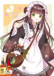  1girl :d absurdres alternate_species animal anko_(gochiusa) apron bag black_kimono blush bottle broken_heart brown_hair cat commentary_request crown frilled_sleeves frills gochuumon_wa_usagi_desu_ka? green_eyes hair_bun hand_up heart highres japanese_clothes kimono long_sleeves looking_at_viewer maid maid_apron maid_headdress mini_crown ryoutan shoulder_bag smile star_(symbol) ujimatsu_chiya wa_maid white_apron wide_sleeves 