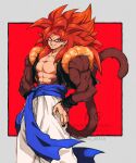  1boy biceps blue_eyes blue_sash body_fur dragon_ball dragon_ball_gt gogeta highres looking_at_viewer male_focus metamoran_vest monkey_boy monkey_tail muscular muscular_male no_nipples pants pectorals red_hair relio_db318 sash simple_background smile solo spiked_hair super_saiyan super_saiyan_4 tail veins veiny_hands white_pants 