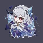  1girl blue_gloves blue_thighhighs blush chibi chibi_only closed_mouth commentary dress full_body genshin_impact gloves grey_background hair_ornament hand_up long_hair podomascha red_eyes skirk_(genshin_impact) sleeveless sleeveless_dress solo thighhighs very_long_hair white_dress white_hair 