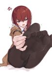  1girl absurdres ass bad_id bad_twitter_id black_pantyhose black_shorts blue_eyes brown_jacket collared_shirt commentary_request feet foot_focus foot_out_of_frame foot_up foreshortening hair_between_eyes hand_on_own_foot head_tilt heavy_breathing highres jacket kahlua_(artist) knees_up lower_teeth_only makise_kurisu necktie no_shoes pantyhose pantyhose_under_shorts red_hair red_necktie shadow shirt shorts sidelocks simple_background sitting soles solo spread_toes steins;gate sweatdrop teeth thighs toes white_background white_shirt 