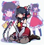  1girl ascot black_hair boots bow chromatic_aberration collared_shirt cropped_shoulders detached_sleeves expressionless frilled_bow frilled_hair_tubes frilled_skirt frills gohei green_eyes hair_between_eyes hair_bow hair_tubes hakurei_reimu highres iganashi1 japanese_clothes looking_at_viewer medium_hair multiple_views nontraditional_miko on_floor portrait red_shirt red_skirt reimu_day ribbon-trimmed_sleeves ribbon_trim seiza shirt short_hair sidelocks sitting skirt skirt_set sleeveless sleeveless_shirt smile standing touhou yellow_ascot 