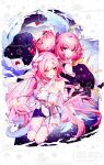  3girls angel_wings black_dress black_shorts blue_eyes breasts coat color_connection company_connection corset cyrene_(honkai:_star_rail) diamond-shaped_pupils diamond_(shape) dress elysia_(herrscher_of_human:_ego)_(honkai_impact) elysia_(honkai_impact) falkenhayn_mercenary_leader_(zenless_zone_zero) hair_color_connection highres honkai:_star_rail honkai_(series) honkai_impact_3rd inoue_marina jingxinzhiyun large_breasts long_hair mihoyo missing_commentary multiple_girls pink_hair purple_coat purple_eyes short_hair shorts symbol-shaped_pupils thigh_strap transparent_background veil very_long_hair voice_actor_connection watermark white_corset white_veil wings yanning zenless_zone_zero 