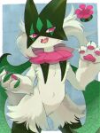 2023 absurd_res ambiguous_gender anthro claws fangs featureless_crotch felid feline fur generation_9_pokemon green_body green_fur green_hair hair hi_res ineka mammal meowscarada nintendo open_mouth pawpads paws pink_eyes pokemon pokemon_(species) simple_background solo teeth tongue