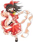  1girl alphes_(style) angry ascot between_fingers black_hair black_shoes bow commentary_request dairi detached_sleeves dress full_body gohei hair_bow hair_tubes hakurei_reimu holding large_variant_set long_sleeves ofuda open_mouth parody red_bow red_dress shoes socks solo style_parody tachi-e touhou transparent_background variant_set white_socks wide_sleeves 