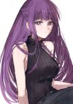  1girl breasts closed_mouth fern_(sousou_no_frieren) grey_pants hair_over_shoulder highres large_breasts moku_(muooku) pants purple_eyes purple_hair shirt simple_background sitting sleeveless sleeveless_shirt solo sousou_no_frieren turtleneck turtleneck_shirt upper_body white_background 