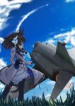  1girl afterburner ahoge aircraft airplane animal_ears belt black_hair blue_sky breasts cloud coat commentary_request daring_tact_(umamusume) day f-4_phantom_ii fighter_jet flying frills gloves grass hair_ribbon highres horse_ears horse_girl horse_tail lens_flare looking_back low-altitude_flight medium_breasts medium_hair military_vehicle outdoors rascal-teitoku ribbon sky solo star_(symbol) star_ornament tail umamusume vehicle_focus white_coat 