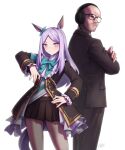  1boy 1girl animal_ears bald beard_stubble black-framed_eyewear black_pants black_skirt black_suit closed_mouth crossed_arms facial_hair glasses hand_on_own_hip headphones highres horse_ears horse_girl horse_tail long_hair long_sleeves looking_at_viewer mejiro_mcqueen_(umamusume) northernlion pants parted_bangs pleated_skirt purple_eyes purple_hair real_life simple_background skirt stubble suit tail umamusume white_background zhvo 