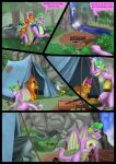 2024 anthro avian backpack basket black_border blue_eyes blue_tent border building_fire butt camping campsite cat_tail cliff comic comic_panel container detailed_background dialogue dirt dragon dragon_tail english_text eye_contact feathered_wings feathers female female/female feral firepit forest forest_background friendship_is_magic fur gabby_(mlp) grass green_eyes grey_body group gryphon hand_on_tree hasbro hi_res kneeling log looking_at_another male male/female membrane_(anatomy) membranous_wings mik3thestrange my_little_pony mythological_avian mythological_creature mythological_scalie mythology nature nature_background orange_body page_number paws picnic_basket plant purple_body river riverbank rock rock_wall scales scalie shrub signature sleeping_bag smolder_(mlp) speech_bubble spike_(mlp) tail teal_eyes tent text tree trio walking walking_together water waterfall wings wood