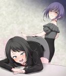  2girls absurdres ahegao aqua_eyes bang_dream! bang_dream!_it&#039;s_mygo!!!!! black_jacket choker disgust highres hutaba294 jacket light_blush medium_hair miniskirt multiple_girls purple_hair red_shirt shirt short_hair skirt slapping yahata_umiri yuutenji_nyamu 