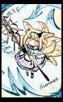  1girl absurdres animal_ears arknights blonde_hair blue_dress blue_hairband bobrice_(bobcorn) character_name closed_mouth commentary_request dated dress earpiece fox_ears fox_girl fox_tail frilled_dress frills green_eyes hairband highres holding holding_staff kitsune kyuubi multiple_tails one-hour_drawing_challenge short_hair sketch solo staff suzuran_(arknights) tail 