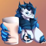 1:1 absurd_res anthro areola big_areola big_breasts big_nipples blue_body blue_eyes blue_hair blue_lips bodily_fluids breasts clothing dragon fangs female fur furred_dragon furred_scalie hair heterochromia hi_res holding_object horn huge_areola lactating lactating_through_clothing lips long_hair markings mature_female milk mythological_creature mythological_scalie mythology nipples pink_eyes scalie sky_(zortrex) solo spots spotted_body teeth wet wet_clothing white_body zortrex